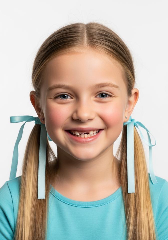 Emma — AI child model: Blonde pigtails with blue ribbons, bright